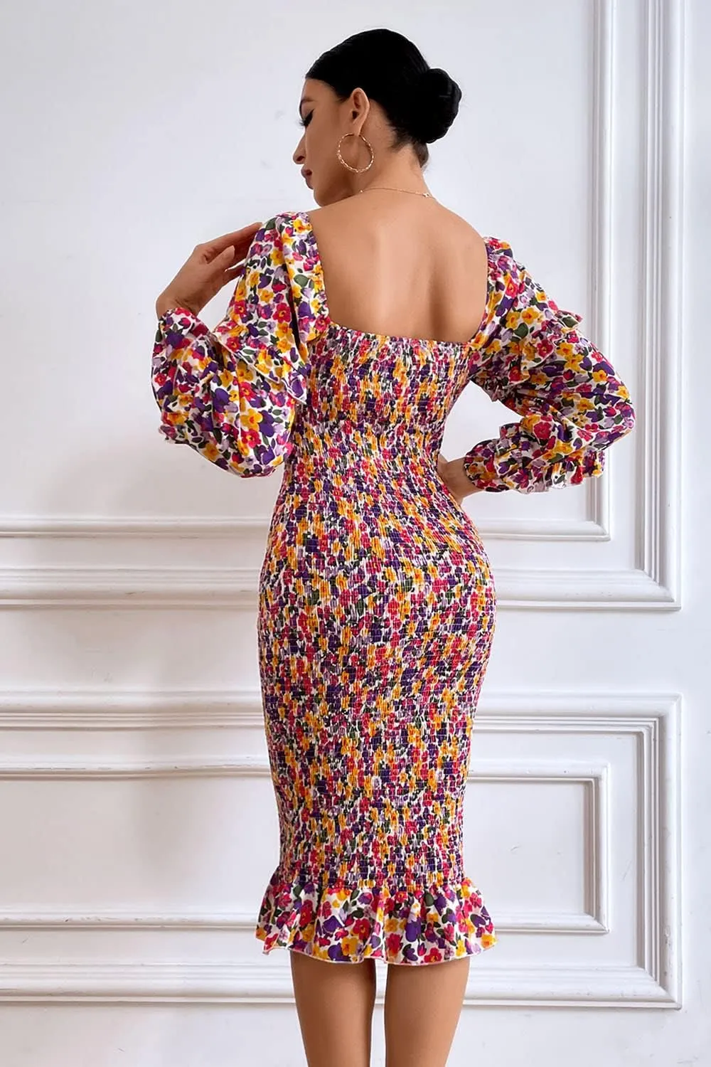 PRETTYGARDEN Women's Long Puff Sleeve Floral Midi Bodycon Dresses Square Neck Ruffle Mermaid Smocked Dress