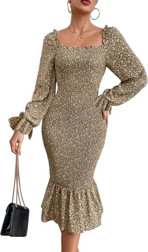 PRETTYGARDEN Women's Long Puff Sleeve Floral Midi Bodycon Dresses Square Neck Ruffle Mermaid Smocked Dress