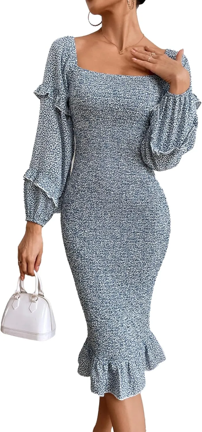 PRETTYGARDEN Women's Long Puff Sleeve Floral Midi Bodycon Dresses Square Neck Ruffle Mermaid Smocked Dress