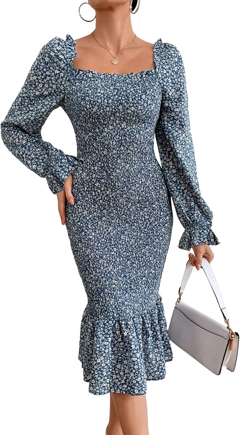 PRETTYGARDEN Women's Long Puff Sleeve Floral Midi Bodycon Dresses Square Neck Ruffle Mermaid Smocked Dress