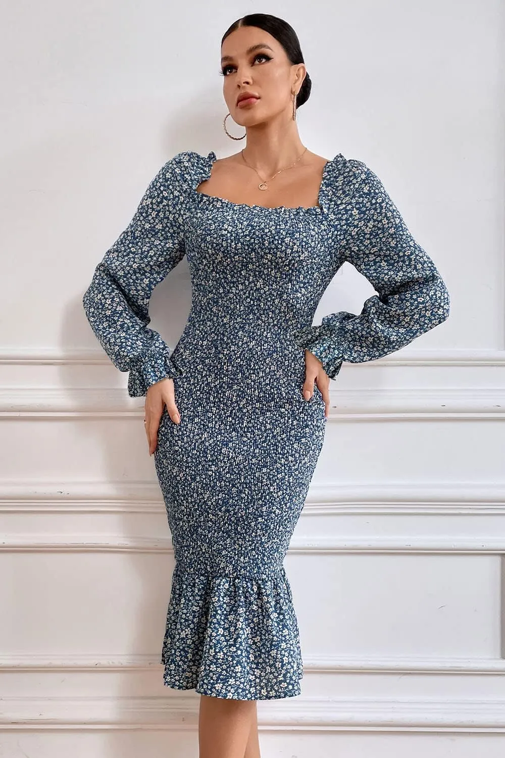 PRETTYGARDEN Women's Long Puff Sleeve Floral Midi Bodycon Dresses Square Neck Ruffle Mermaid Smocked Dress
