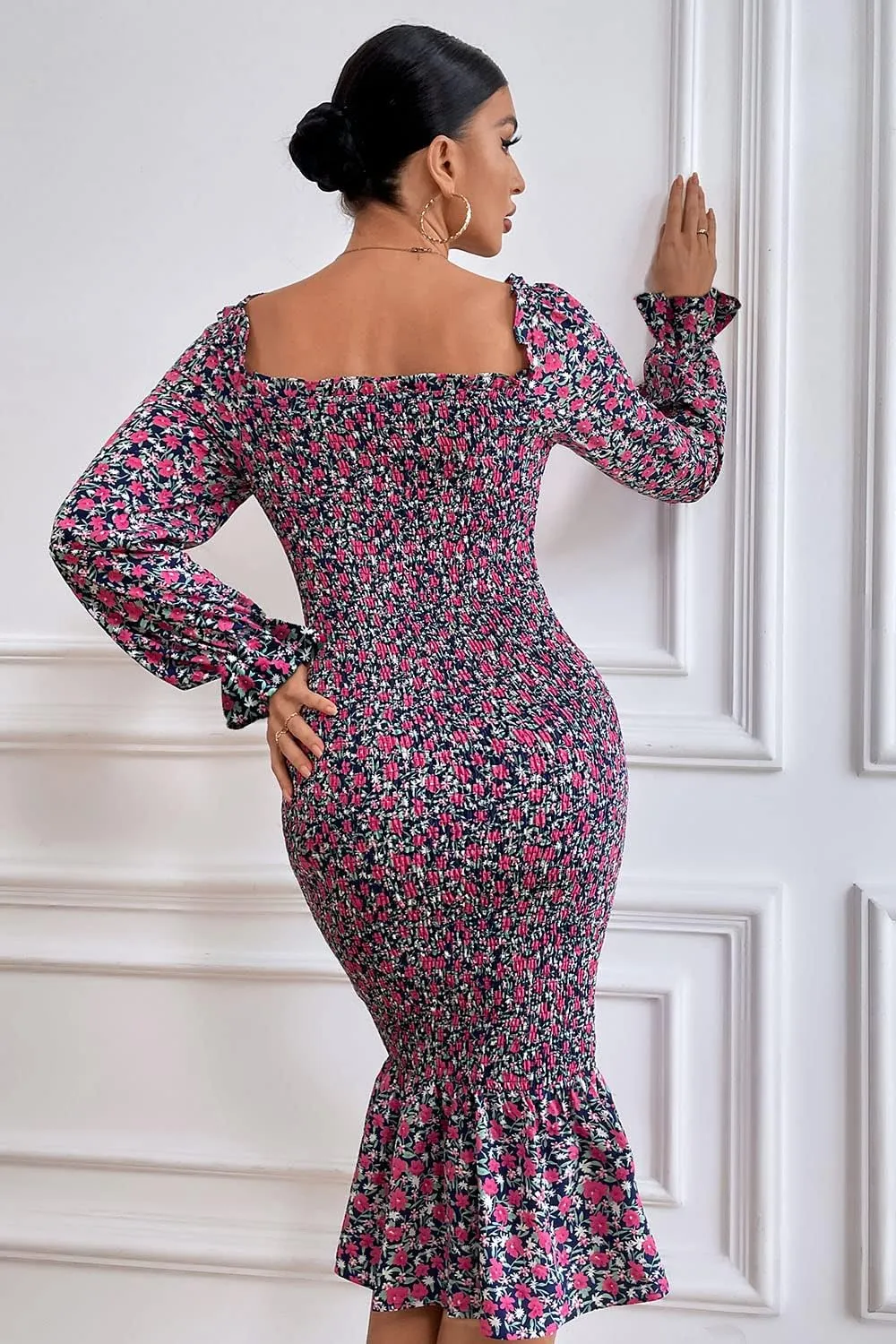 PRETTYGARDEN Women's Long Puff Sleeve Floral Midi Bodycon Dresses Square Neck Ruffle Mermaid Smocked Dress