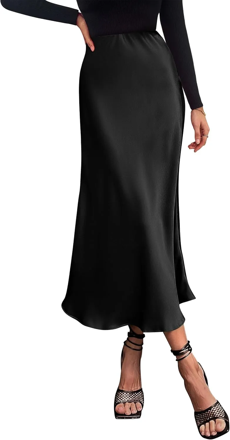 PRETTYGARDEN Women's Summer Midi Satin Skirt Dressy Casual High Waisted A Line Flowy Ruffle Elegant Party Skirts