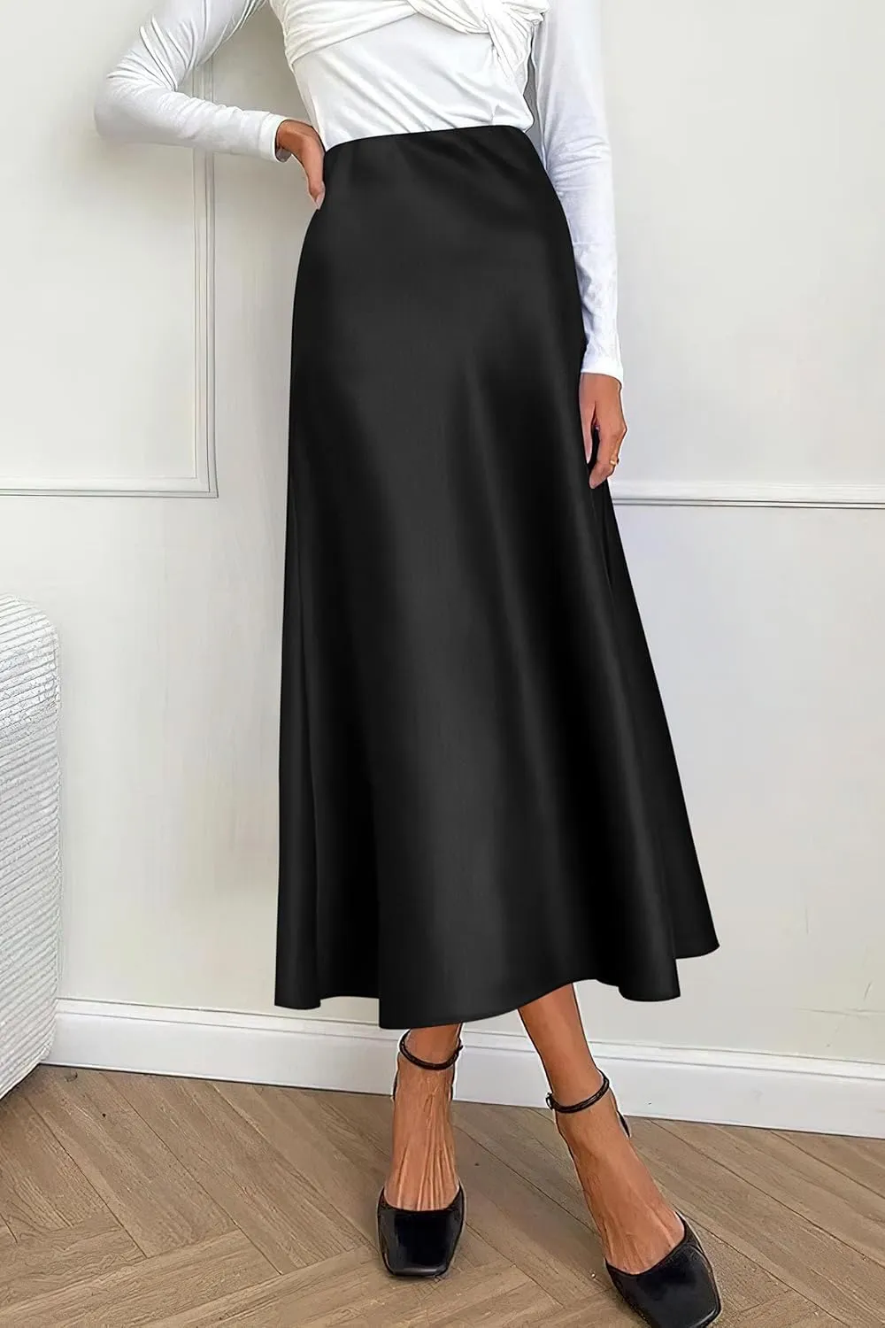 PRETTYGARDEN Women's Summer Midi Satin Skirt Dressy Casual High Waisted A Line Flowy Ruffle Elegant Party Skirts