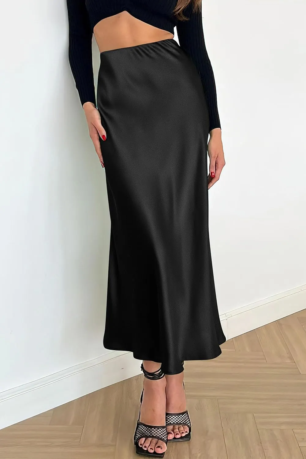 PRETTYGARDEN Women's Summer Midi Satin Skirt Dressy Casual High Waisted A Line Flowy Ruffle Elegant Party Skirts