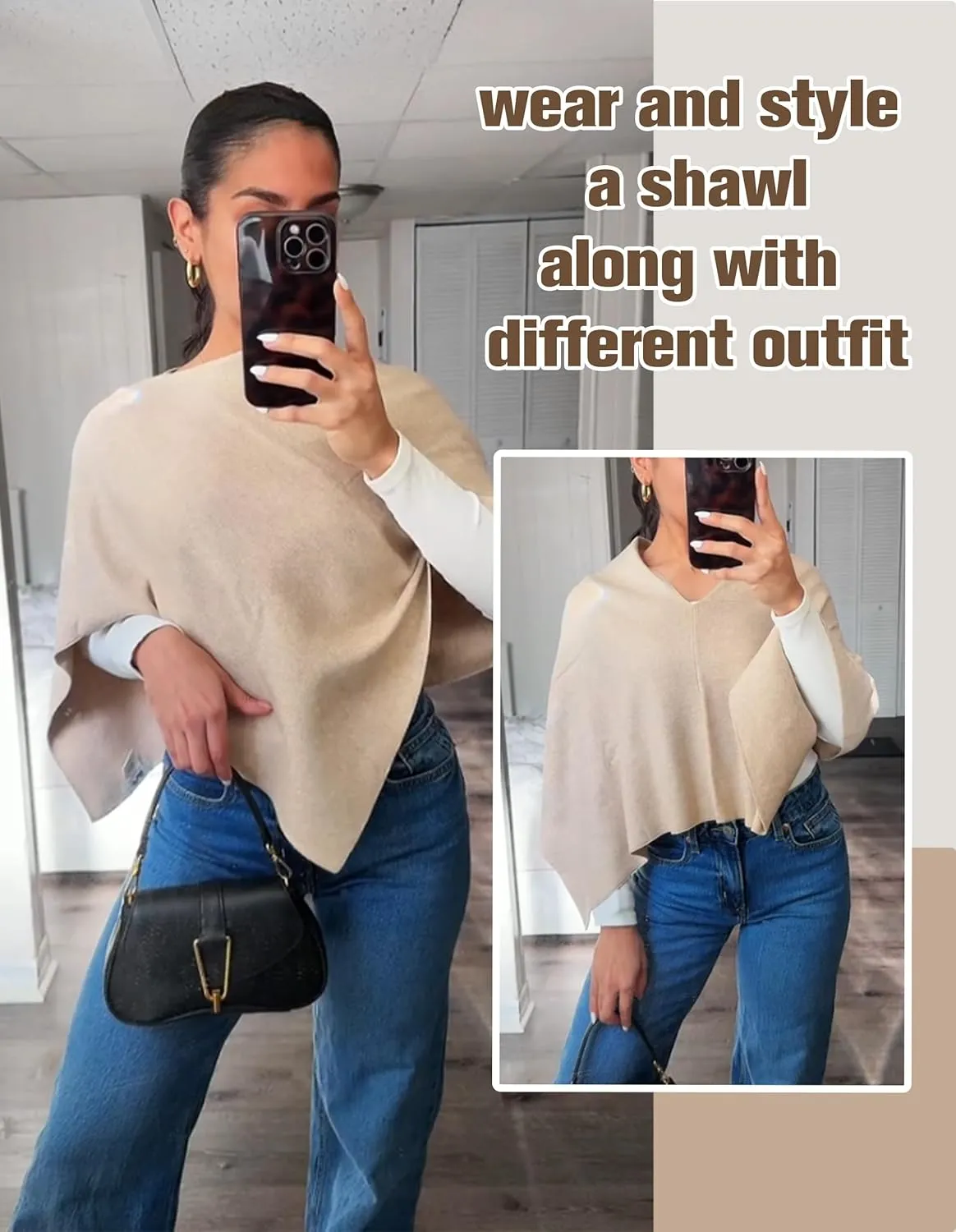 PULI Women Capri Poncho Sweater Slimming Fit Cropped Versatile Shawl Soft Knit Wraps Cowl Neck Short Tops