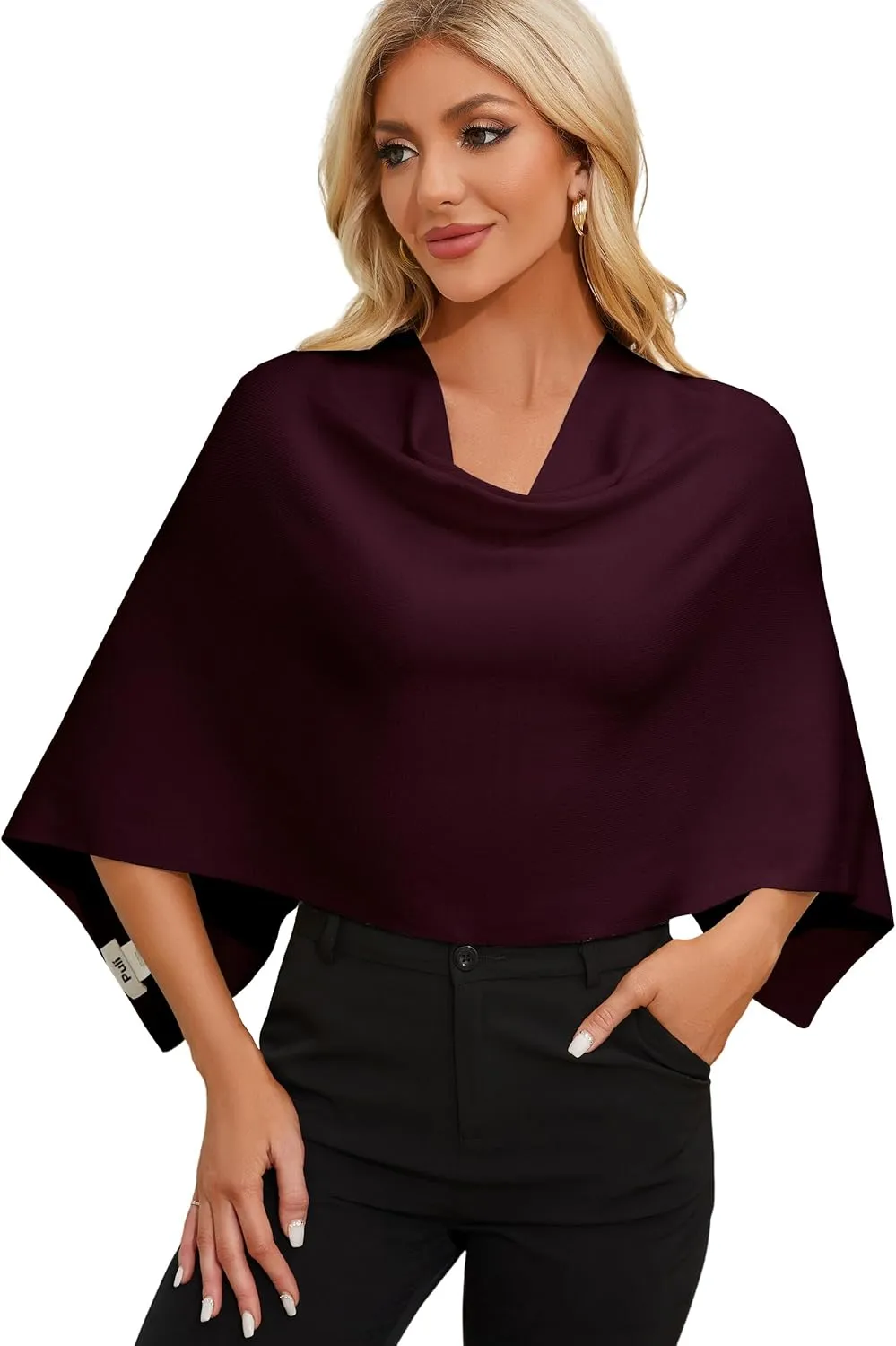 PULI Women Capri Poncho Sweater Slimming Fit Cropped Versatile Shawl Soft Knit Wraps Cowl Neck Short Tops