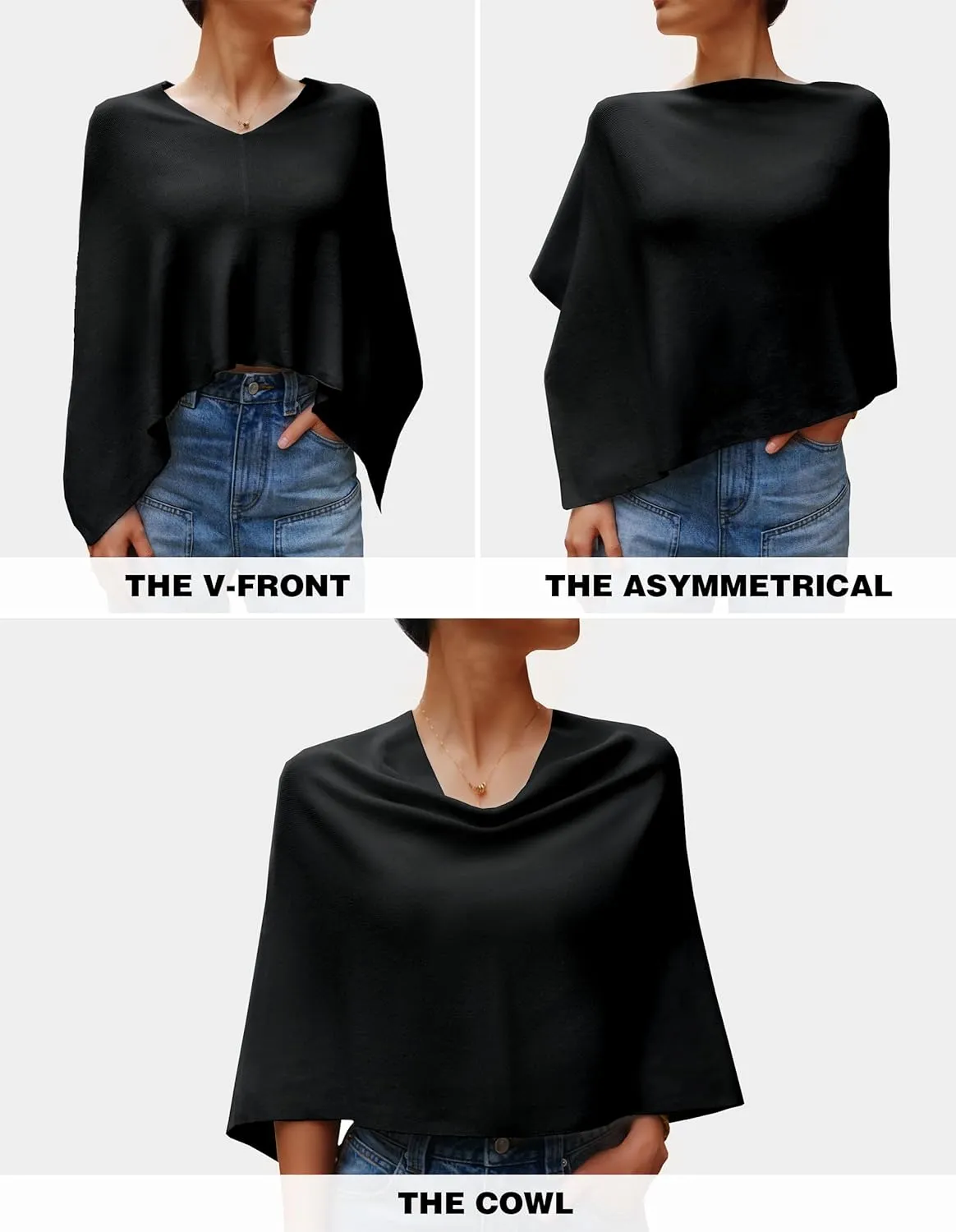 PULI Women Capri Poncho Sweater Slimming Fit Cropped Versatile Shawl Soft Knit Wraps Cowl Neck Short Tops