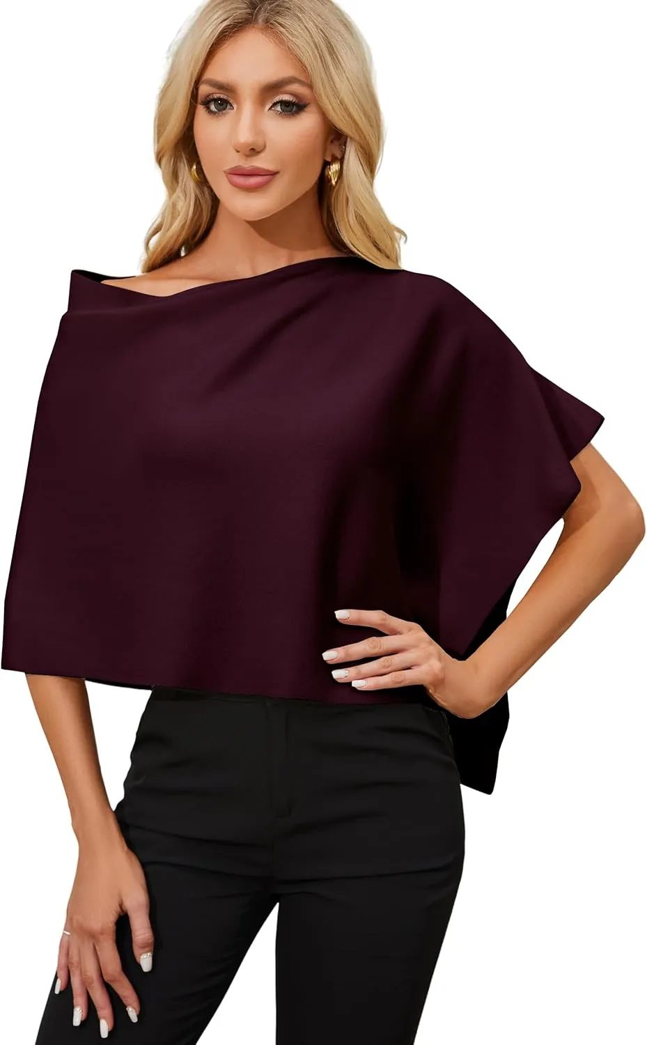 PULI Women Capri Poncho Sweater Slimming Fit Cropped Versatile Shawl Soft Knit Wraps Cowl Neck Short Tops