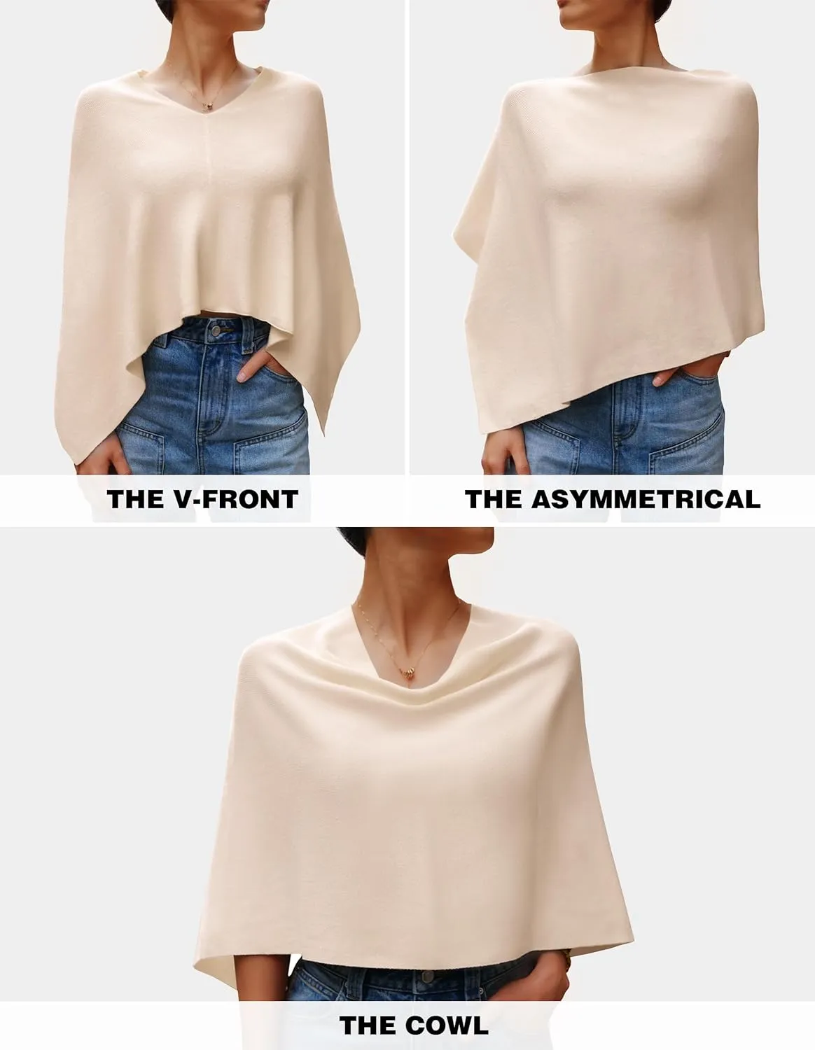 PULI Women Capri Poncho Sweater Slimming Fit Cropped Versatile Shawl Soft Knit Wraps Cowl Neck Short Tops