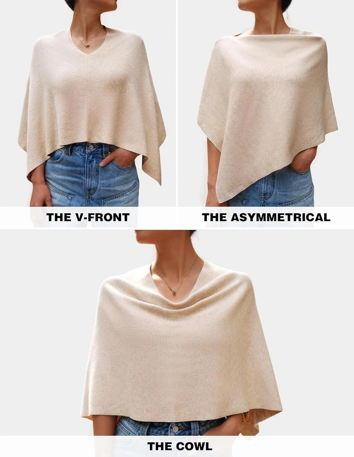 PULI Women Capri Poncho Sweater Slimming Fit Cropped Versatile Shawl Soft Knit Wraps Cowl Neck Short Tops