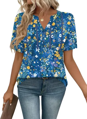 Rapbin Short Sleeve Shirts for Women Pleated V Neck Lace Blouses Dressy Casual Elegant Tops Loose peasant Summer T-Shirts