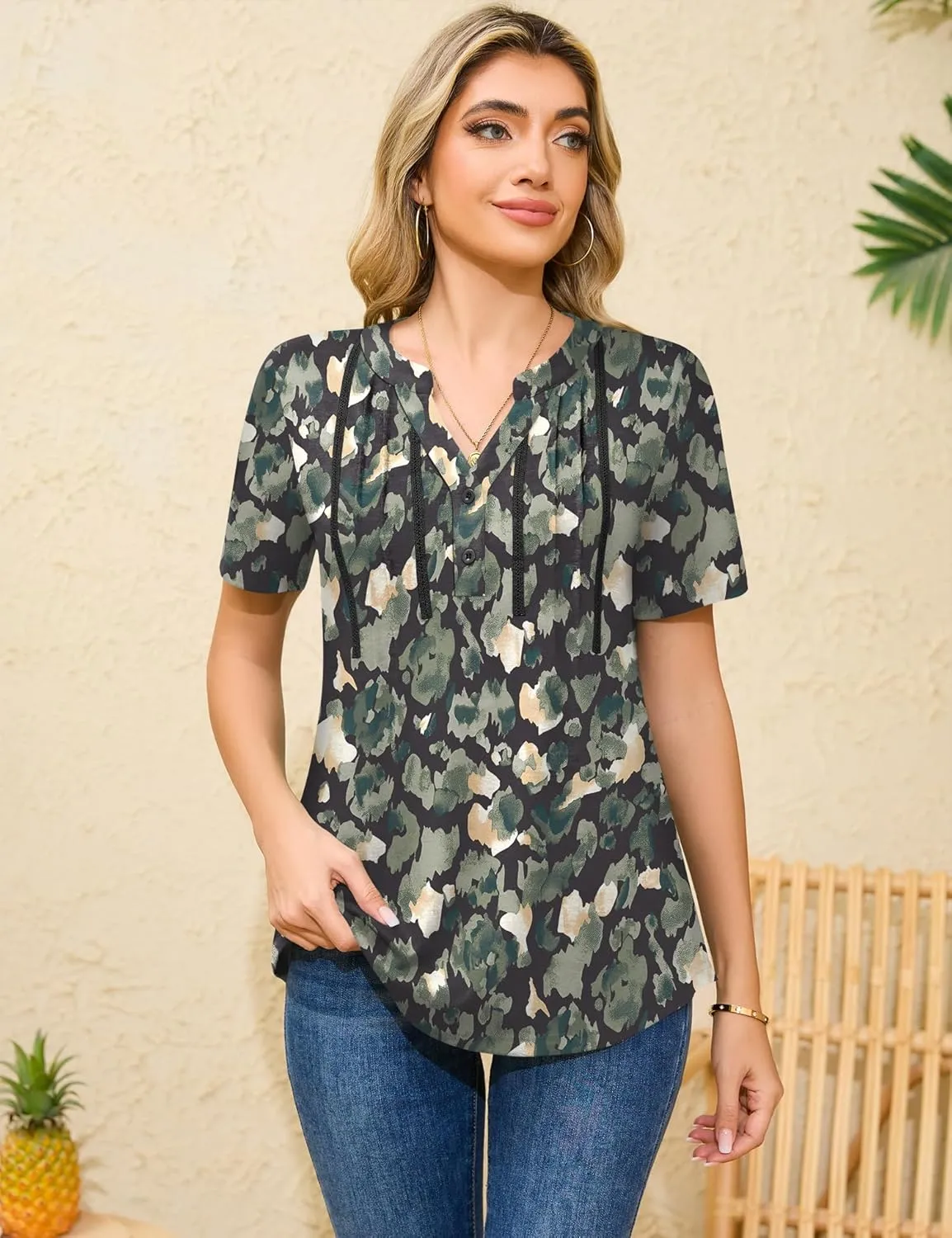 Rapbin Short Sleeve Shirts for Women Pleated V Neck Lace Blouses Dressy Casual Elegant Tops Loose peasant Summer T-Shirts