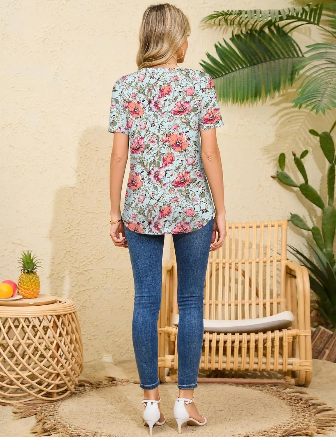 Rapbin Short Sleeve Shirts for Women Pleated V Neck Lace Blouses Dressy Casual Elegant Tops Loose peasant Summer T-Shirts