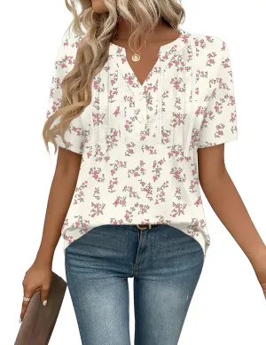 Rapbin Short Sleeve Shirts for Women Pleated V Neck Lace Blouses Dressy Casual Elegant Tops Loose peasant Summer T-Shirts