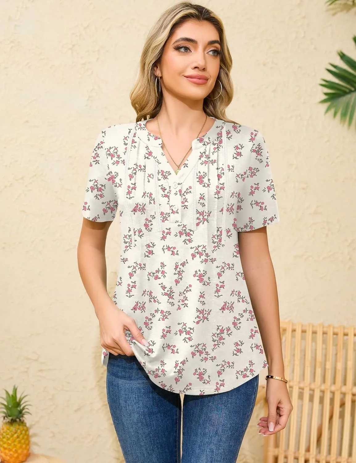 Rapbin Short Sleeve Shirts for Women Pleated V Neck Lace Blouses Dressy Casual Elegant Tops Loose peasant Summer T-Shirts