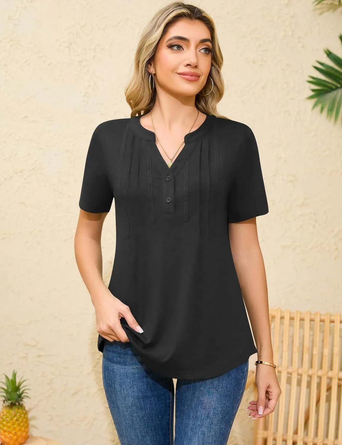 Rapbin Short Sleeve Shirts for Women Pleated V Neck Lace Blouses Dressy Casual Elegant Tops Loose peasant Summer T-Shirts