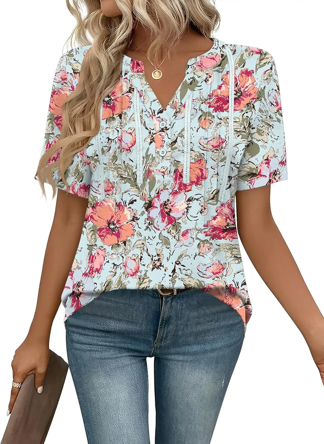 Rapbin Short Sleeve Shirts for Women Pleated V Neck Lace Blouses Dressy Casual Elegant Tops Loose peasant Summer T-Shirts