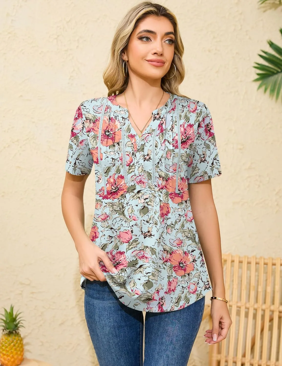 Rapbin Short Sleeve Shirts for Women Pleated V Neck Lace Blouses Dressy Casual Elegant Tops Loose peasant Summer T-Shirts