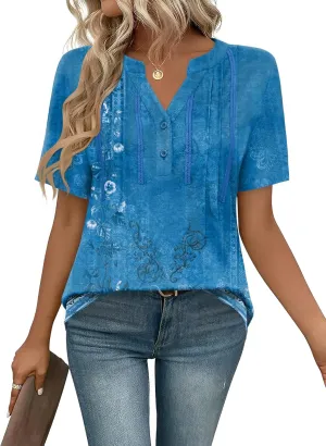 Rapbin Short Sleeve Shirts for Women Pleated V Neck Lace Blouses Dressy Casual Elegant Tops Loose peasant Summer T-Shirts