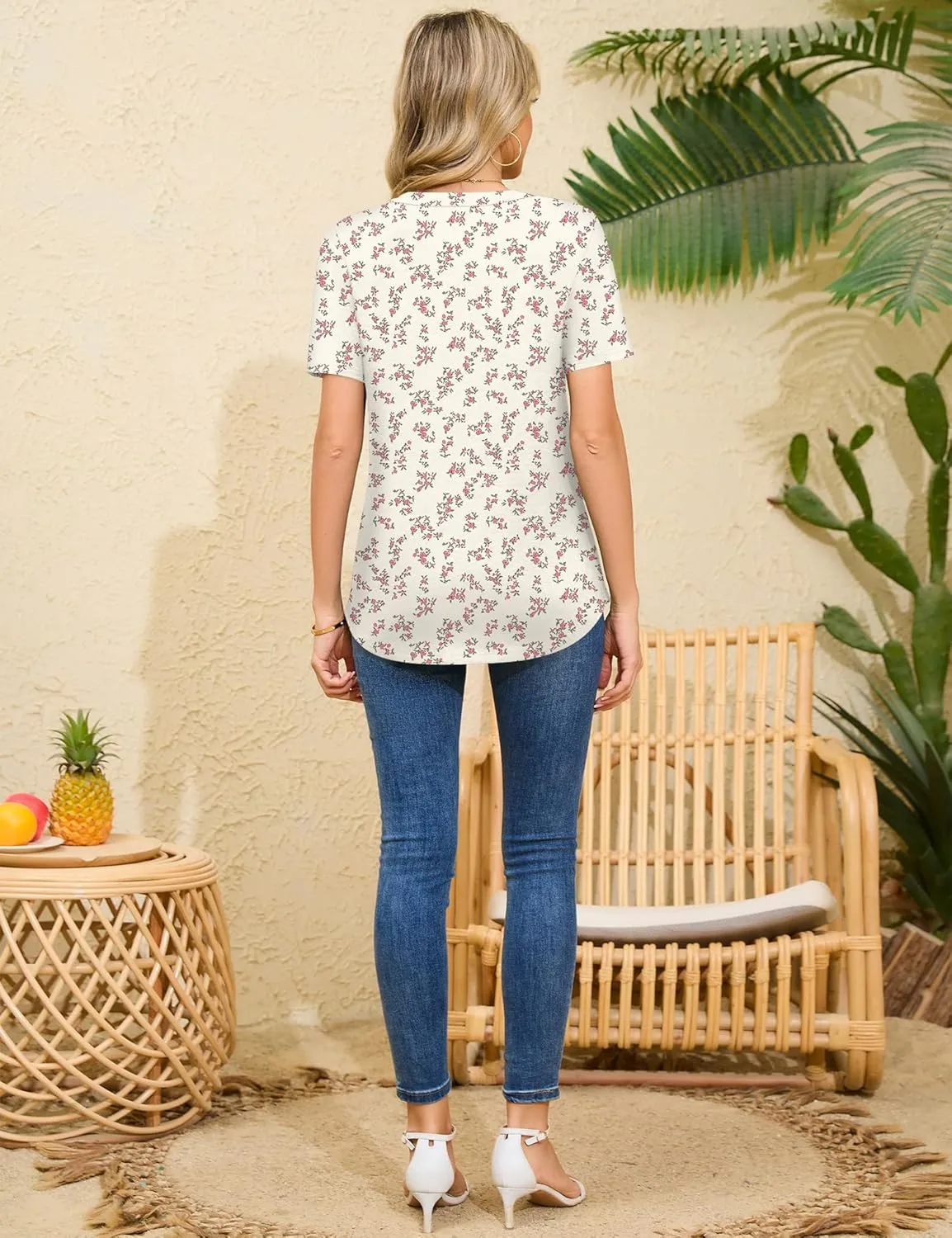 Rapbin Short Sleeve Shirts for Women Pleated V Neck Lace Blouses Dressy Casual Elegant Tops Loose peasant Summer T-Shirts