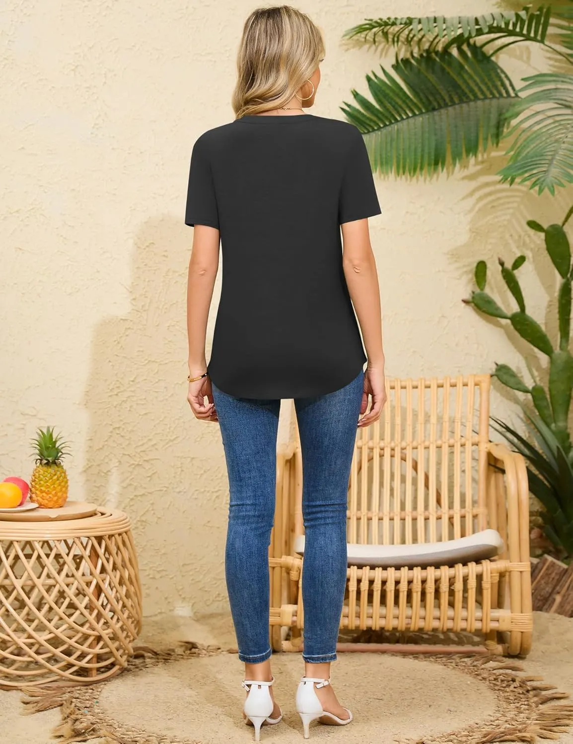 Rapbin Short Sleeve Shirts for Women Pleated V Neck Lace Blouses Dressy Casual Elegant Tops Loose peasant Summer T-Shirts