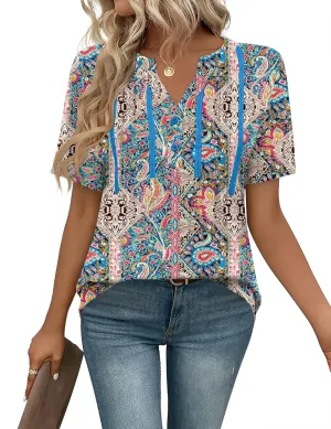 Rapbin Short Sleeve Shirts for Women Pleated V Neck Lace Blouses Dressy Casual Elegant Tops Loose peasant Summer T-Shirts