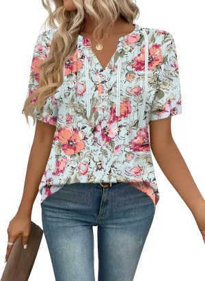 Rapbin Short Sleeve Shirts for Women Pleated V Neck Lace Blouses Dressy Casual Elegant Tops Loose peasant Summer T-Shirts