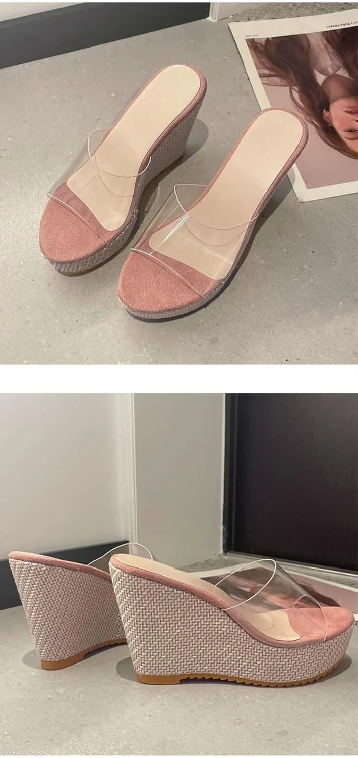 Rattan Sandals Raffia Wedge Espadrilles for Women Clear Dress Shoes Platform Heel Slip On Casual House Slippers Lightweight Breathable Open Toes Comfort Walking Slides Summer Beach Party Vacation