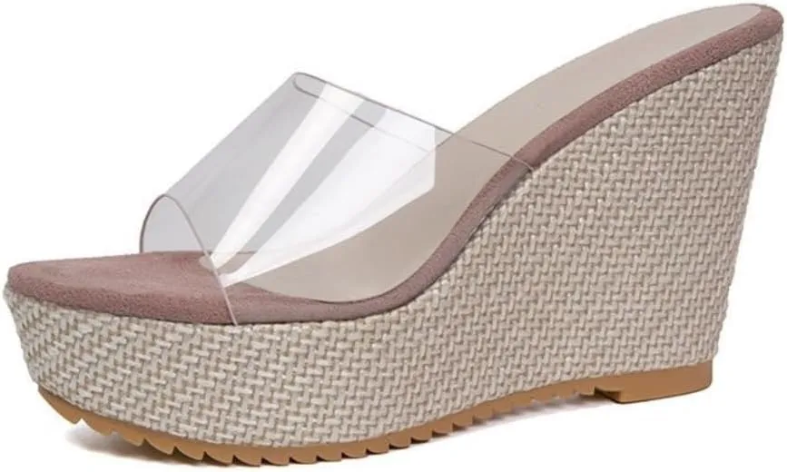 Rattan Sandals Raffia Wedge Espadrilles for Women Clear Dress Shoes Platform Heel Slip On Casual House Slippers Lightweight Breathable Open Toes Comfort Walking Slides Summer Beach Party Vacation