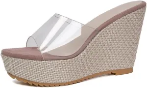 Rattan Sandals Raffia Wedge Espadrilles for Women Clear Dress Shoes Platform Heel Slip On Casual House Slippers Lightweight Breathable Open Toes Comfort Walking Slides Summer Beach Party Vacation