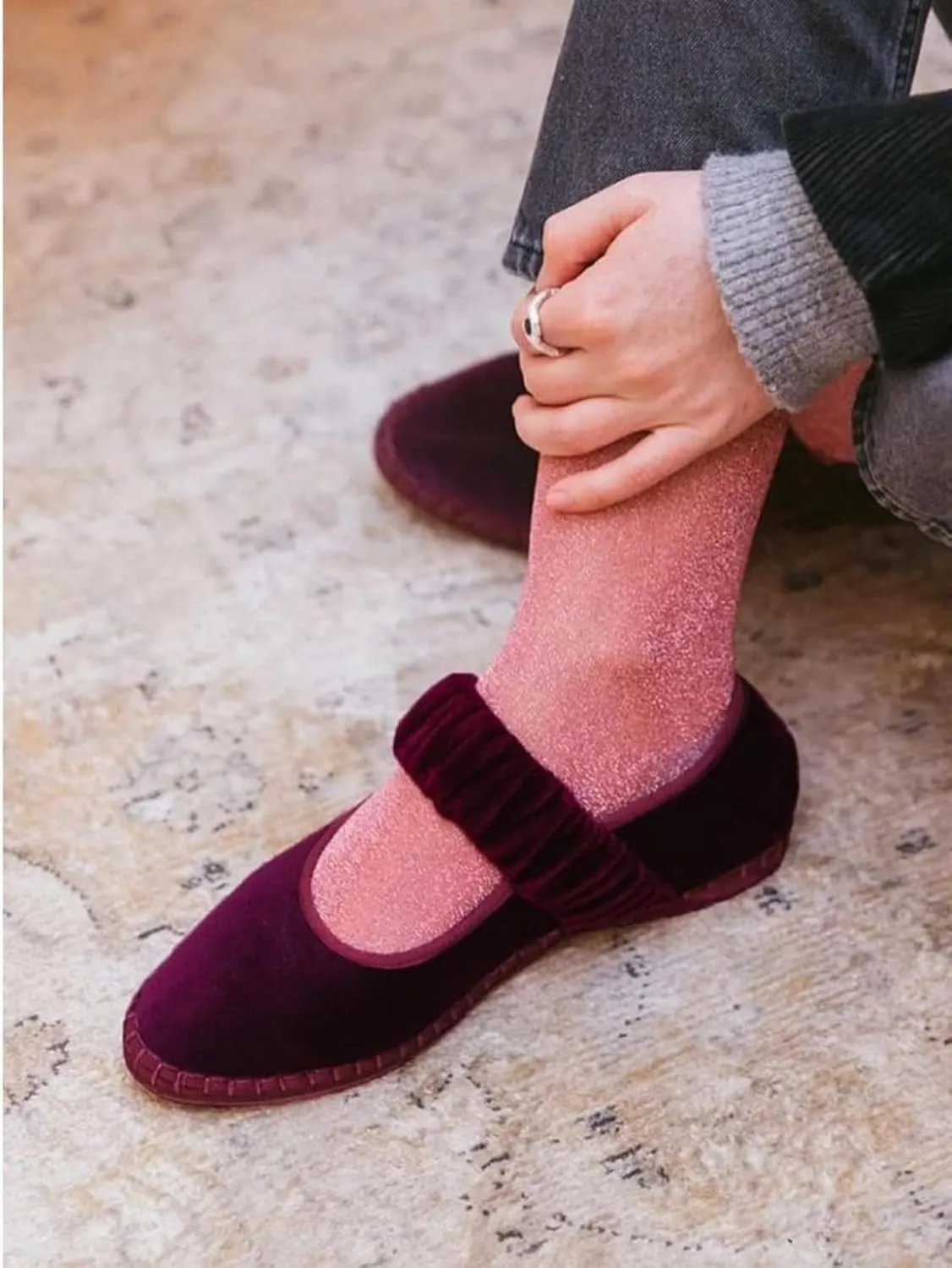 Red Ballet Flats Women Velvet Mary Jane Shoes Suede Ballet Flats Burgundy Flats Y2k Shoes 2024