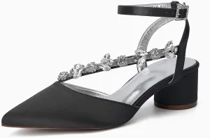 Rhinestones Satin Strappy Wedding Shoes Pointed Toe Block Low Heel Bridal Shoes Women Party Sandals 4.5CM Closed Toe Ankle Strap Pumps for Prom,Black,7