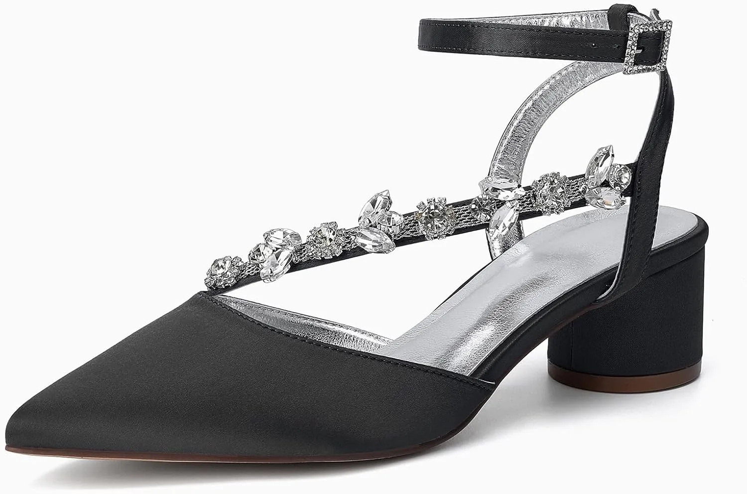 Rhinestones Satin Strappy Wedding Shoes Pointed Toe Block Low Heel Bridal Shoes Women Party Sandals 4.5CM Closed Toe Ankle Strap Pumps for Prom,Black,7