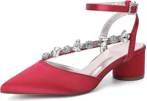 Rhinestones Satin Strappy Wedding Shoes Pointed Toe Block Low Heel Bridal Shoes Women Party Sandals 4.5CM Closed Toe Ankle Strap Pumps for Prom,Red,10