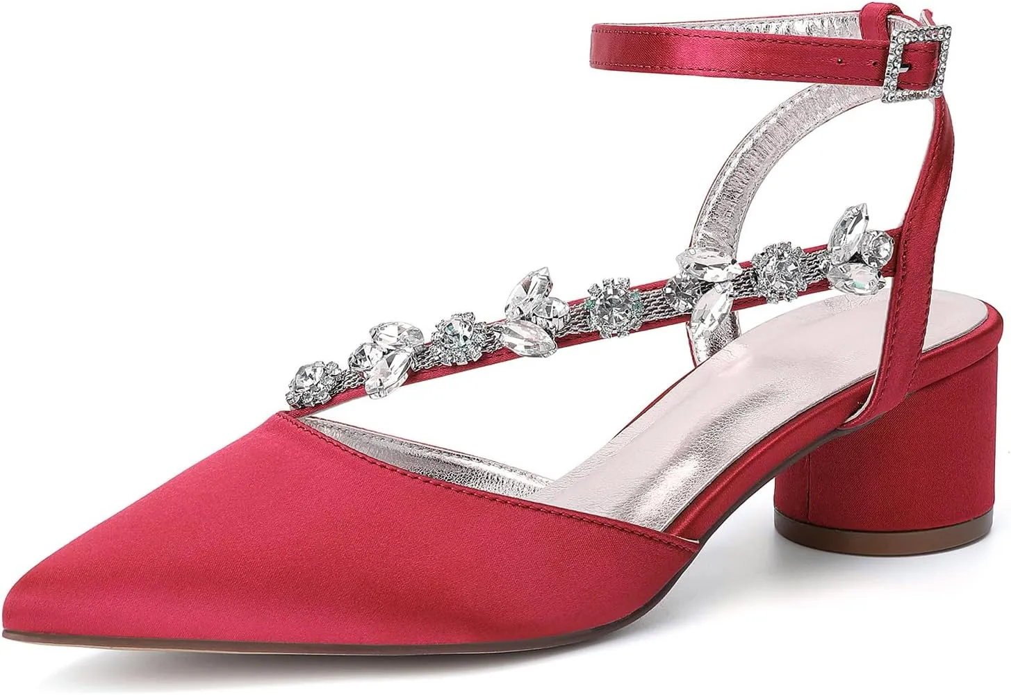 Rhinestones Satin Strappy Wedding Shoes Pointed Toe Block Low Heel Bridal Shoes Women Party Sandals 4.5CM Closed Toe Ankle Strap Pumps for Prom,Red,10