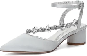 Rhinestones Satin Strappy Wedding Shoes Pointed Toe Block Low Heel Bridal Shoes Women Party Sandals 4.5CM Closed Toe Ankle Strap Pumps for Prom,Silver,7