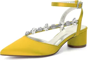 Rhinestones Satin Strappy Wedding Shoes Pointed Toe Block Low Heel Bridal Shoes Women Party Sandals 4.5CM Closed Toe Ankle Strap Pumps for Prom,Yellow,11