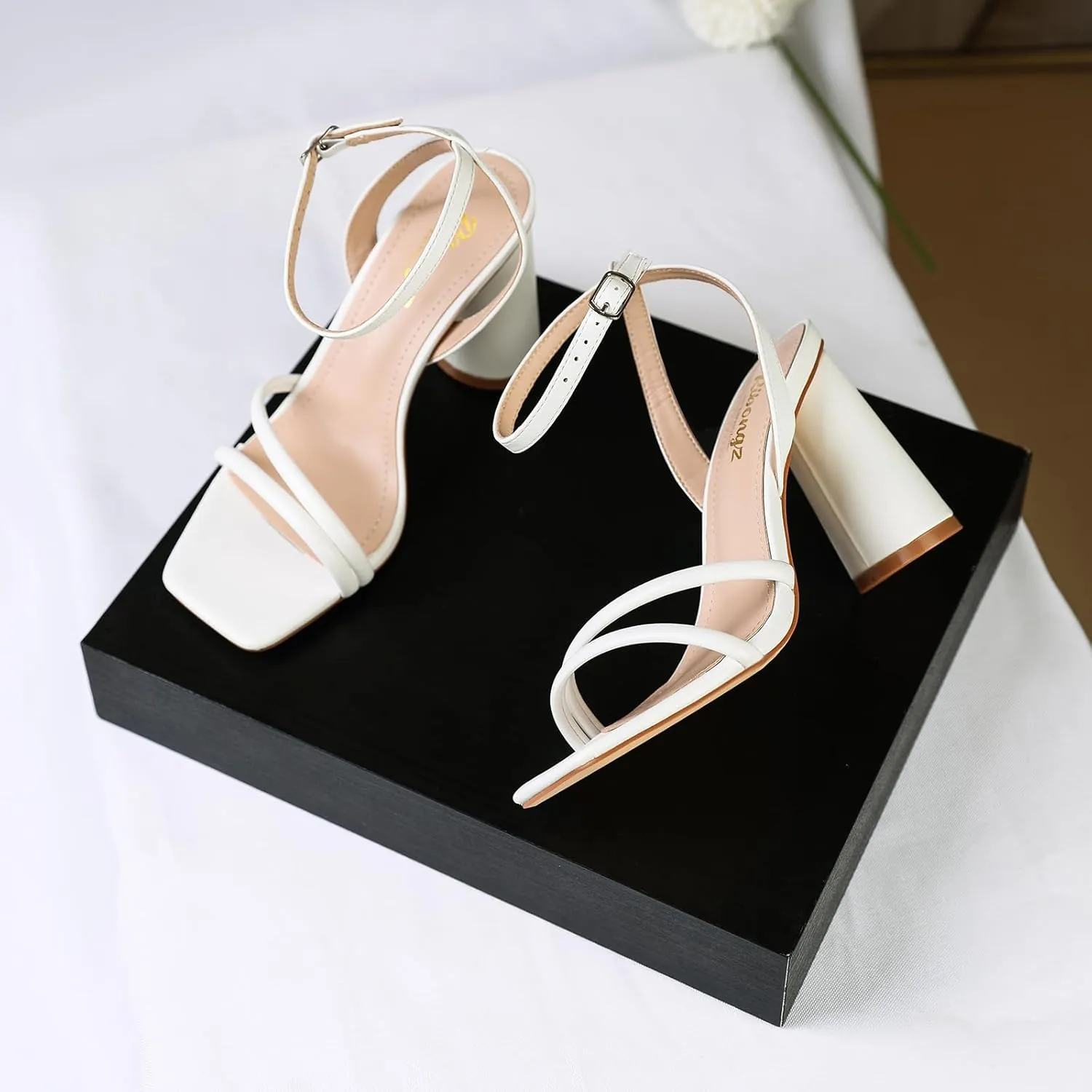 RIBONGZ Block Heels Prom Heeled Sandals for Women Chunky Square Open Toe Strappy High Heels Ankle Strap Wedding Bridal Shoes High Heel Sandals for Party Dress