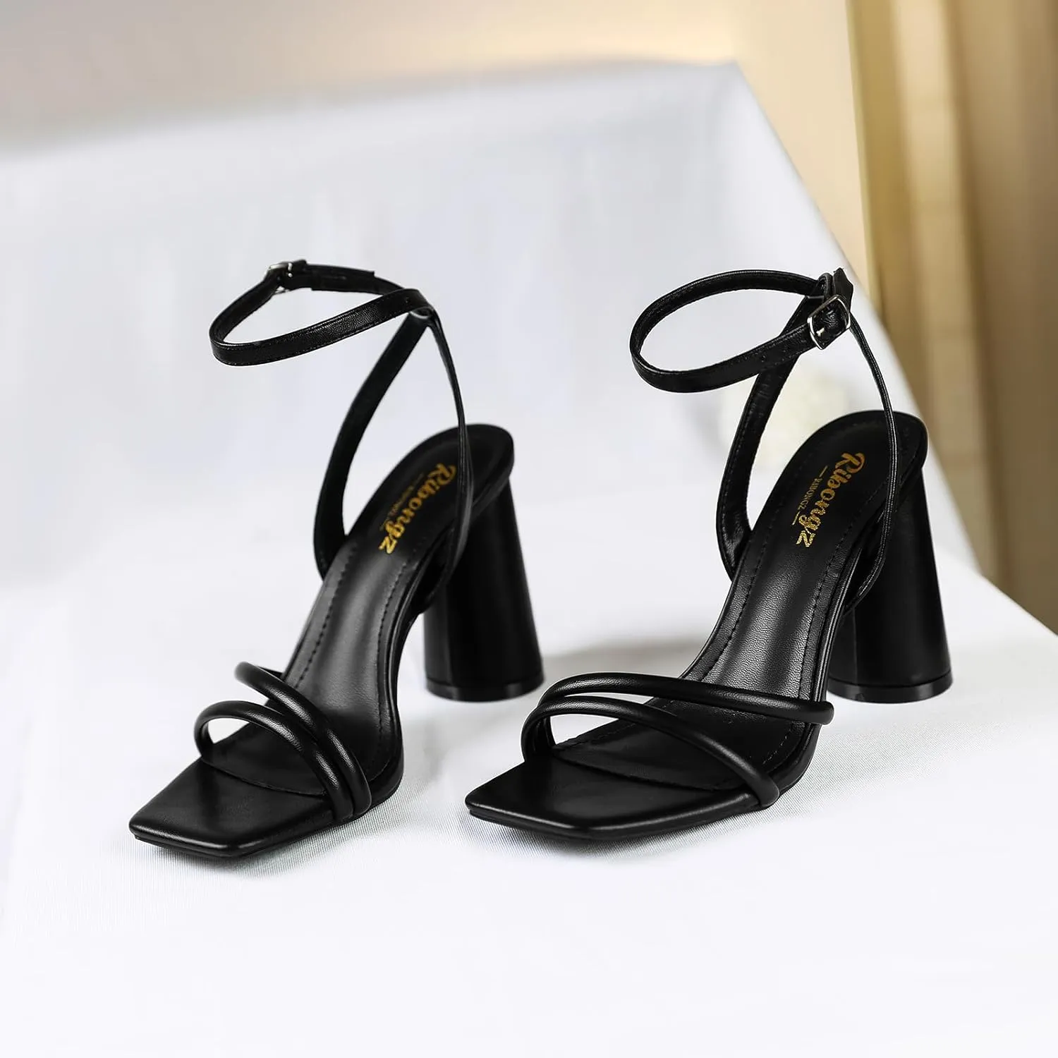 RIBONGZ Block Heels Prom Heeled Sandals for Women Chunky Square Open Toe Strappy High Heels Ankle Strap Wedding Bridal Shoes High Heel Sandals for Party Dress