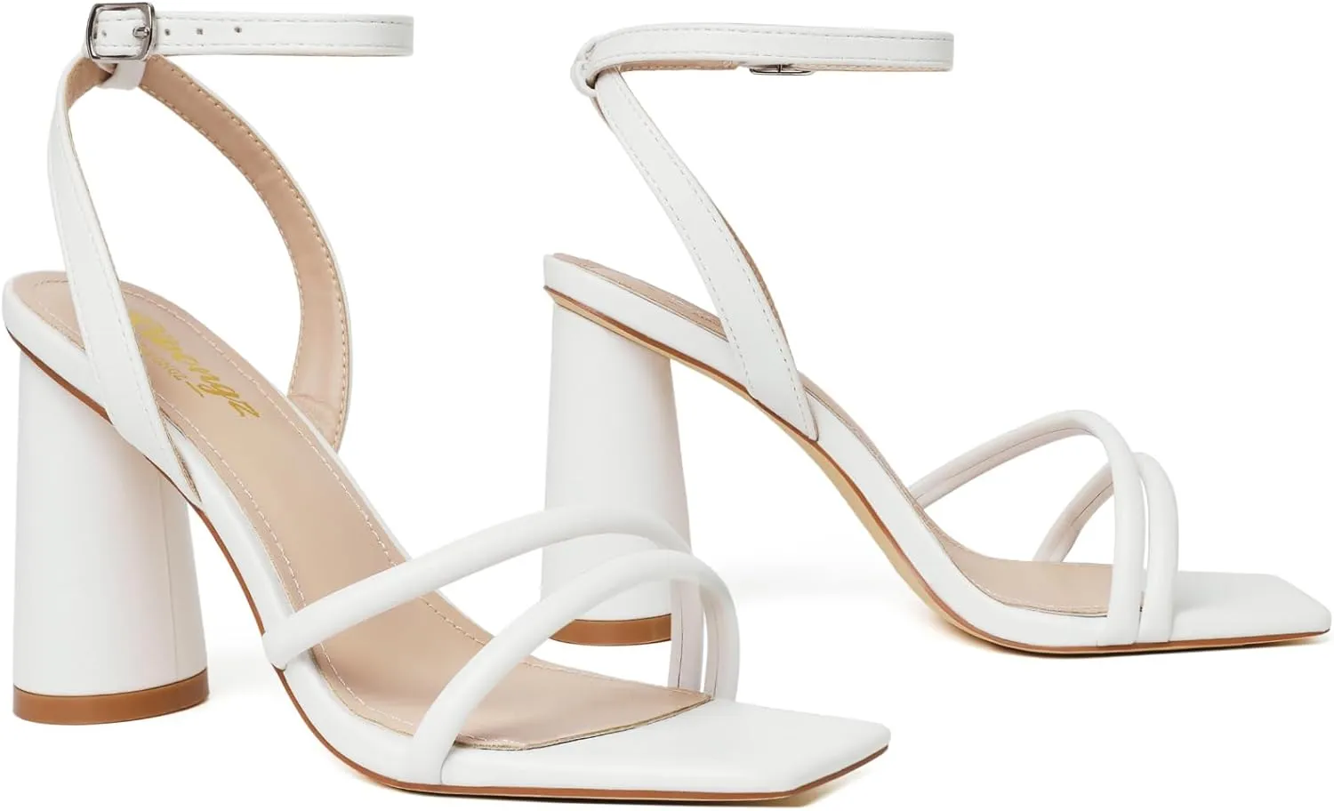 RIBONGZ Block Heels Prom Heeled Sandals for Women Chunky Square Open Toe Strappy High Heels Ankle Strap Wedding Bridal Shoes High Heel Sandals for Party Dress