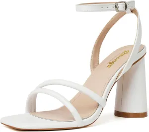 RIBONGZ Block Heels Prom Heeled Sandals for Women Chunky Square Open Toe Strappy High Heels Ankle Strap Wedding Bridal Shoes High Heel Sandals for Party Dress