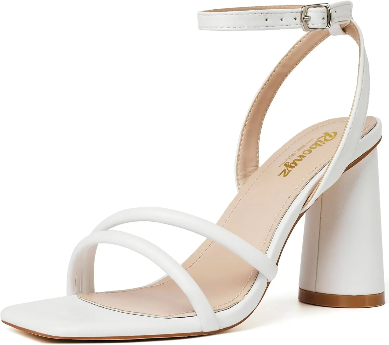 RIBONGZ Block Heels Prom Heeled Sandals for Women Chunky Square Open Toe Strappy High Heels Ankle Strap Wedding Bridal Shoes High Heel Sandals for Party Dress