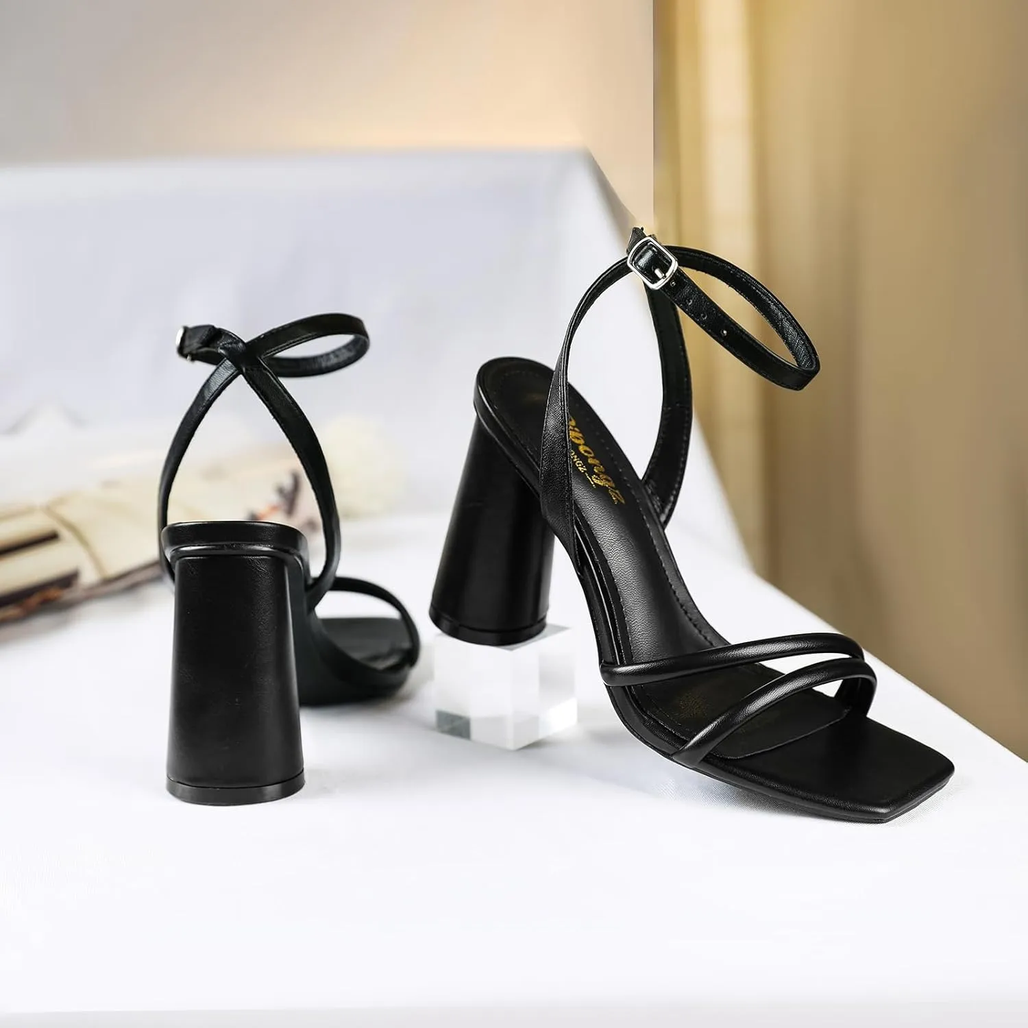 RIBONGZ Block Heels Prom Heeled Sandals for Women Chunky Square Open Toe Strappy High Heels Ankle Strap Wedding Bridal Shoes High Heel Sandals for Party Dress