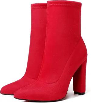 risdoada Women's Sock Boots Chunky Heel Ankle Booties Elastic Suede Pointed Toe Fall Winter High Heeled Mid Calf Boots