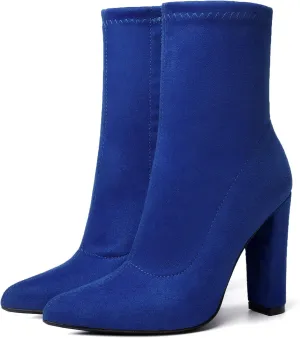 risdoada Women's Sock Boots Chunky Heel Ankle Booties Elastic Suede Pointed Toe Fall Winter High Heeled Mid Calf Boots