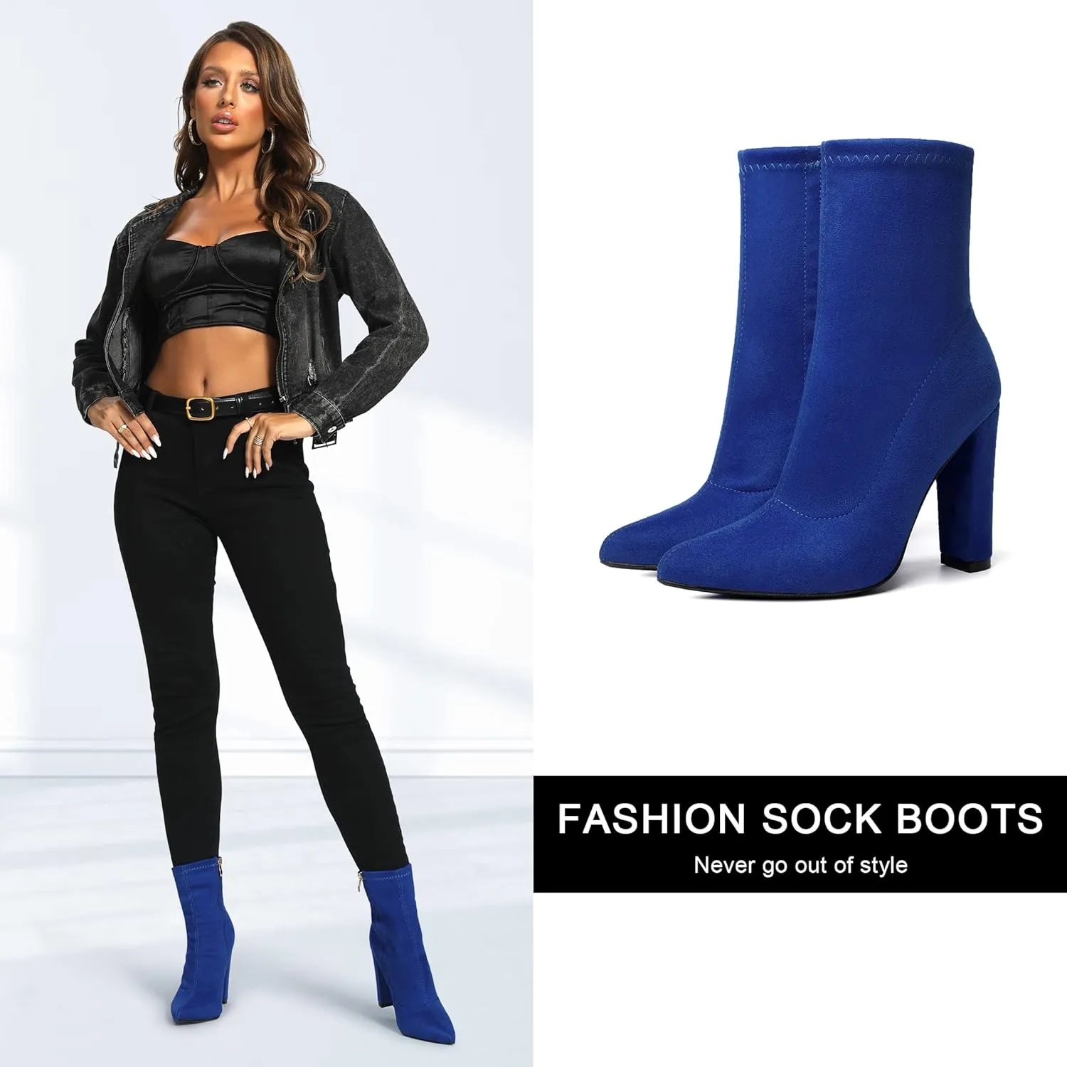 risdoada Women's Sock Boots Chunky Heel Ankle Booties Elastic Suede Pointed Toe Fall Winter High Heeled Mid Calf Boots