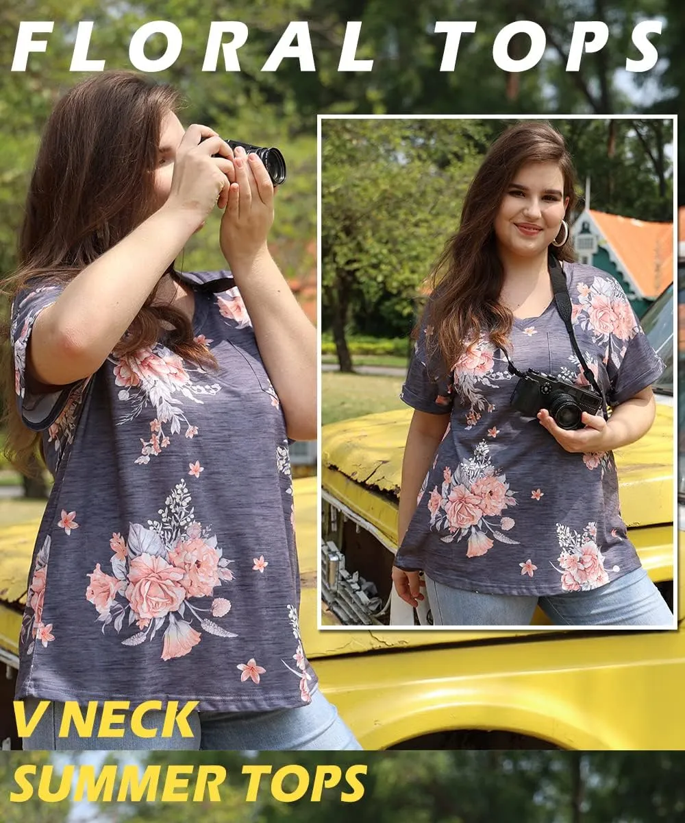 RITERA Plus Size Tops For Women Summer T Shirts V Neck Short Sleeve Casual Basic Tee with Front Pocket XL-5XL