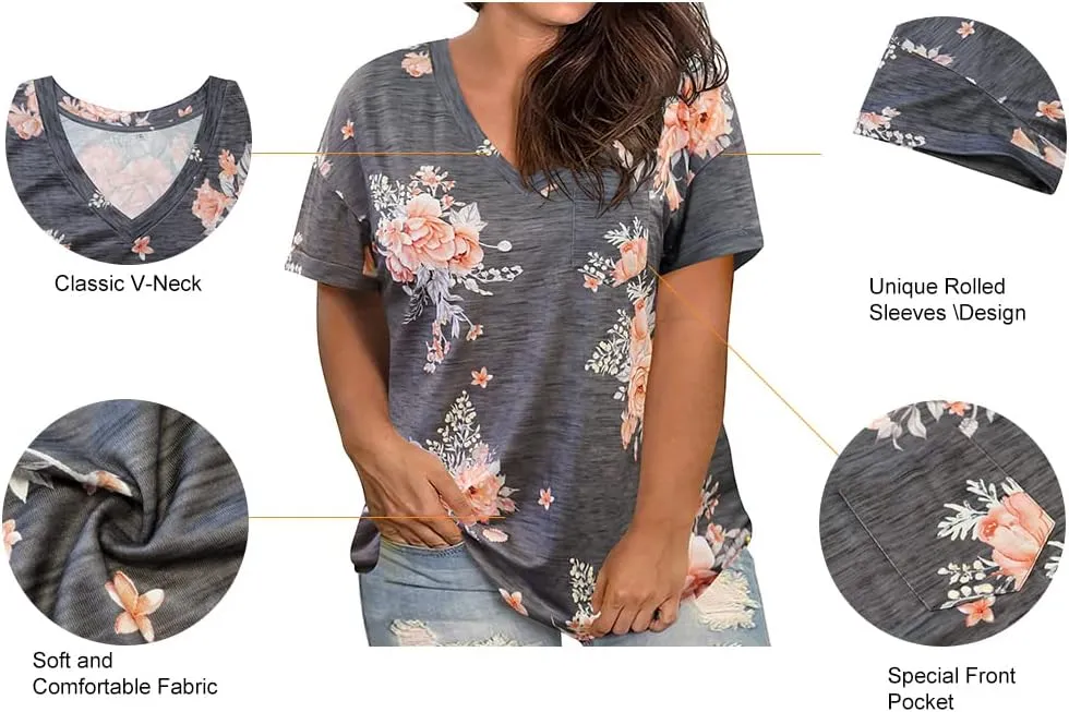 RITERA Plus Size Tops For Women Summer T Shirts V Neck Short Sleeve Casual Basic Tee with Front Pocket XL-5XL