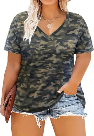 RITERA Plus Size Tops For Women Summer T Shirts V Neck Short Sleeve Casual Basic Tee with Front Pocket XL-5XL